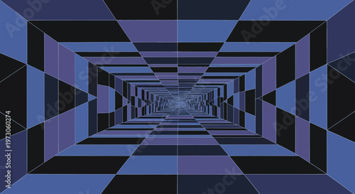 Geometric corridor with black and blue squares receding into infinity
