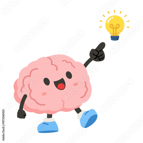 Brain character with light bulb idea and creative thinking
