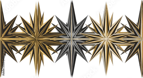 A horizontal band of stylized, pointed stars in gold, black, and silver hues
