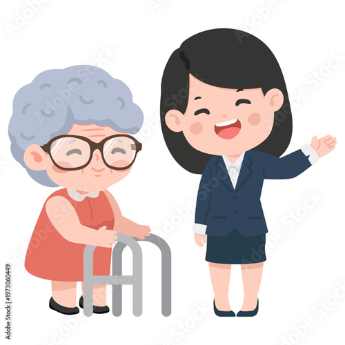 Caregiver helping elderly woman with walker support