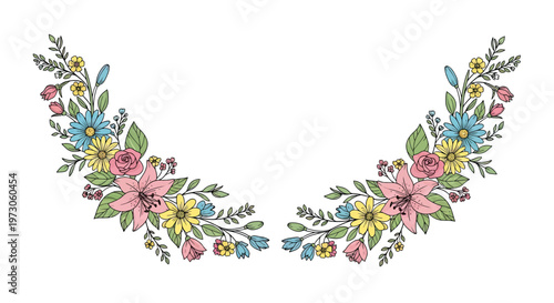 Delicate floral arrangements in pastel colors, adorning each side of the frame