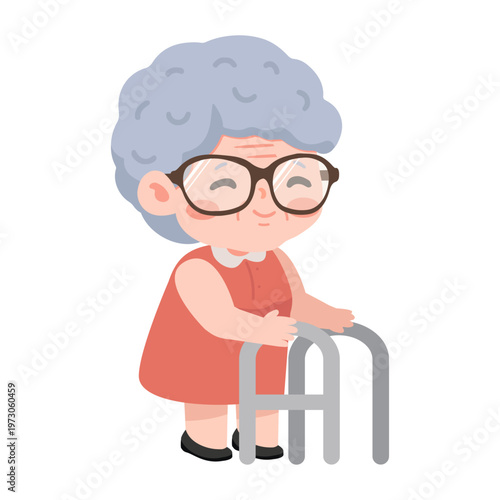 Elderly woman using walker for support and mobility