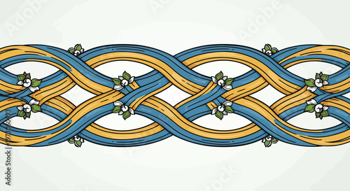 Intertwined blue and yellow ribbons adorned with delicate white flowers form a seamless border