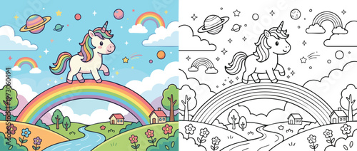 Adorable Unicorn Standing on Rainbow Bridge in Fantasy Landscape.