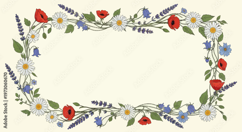 Fototapeta premium Delicate oval frame of wildflowers daisies, poppies, bellflowers, and lavender