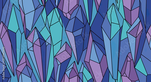 A seamless pattern of angular, geometric crystal shapes in shades of blue, purple, and teal