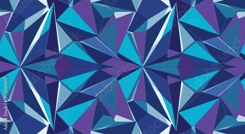 A vibrant, geometric mosaic of interlocking shards in shades of blue and purple