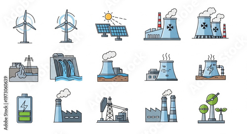 Diverse Energy Sources - Wind, Solar, Nuclear, Hydro, Fossil Fuels, and Biomass.