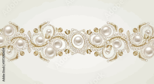 Ornate gold filigree interwoven with pearls and small diamonds forms a decorative border