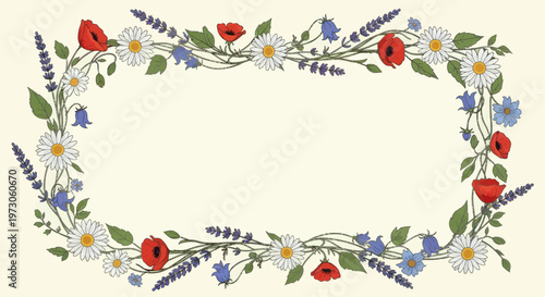 Delicate oval frame of wildflowers daisies, poppies, bellflowers, and lavender