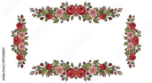 Decorative arrangement of red and pink roses with leaves on white