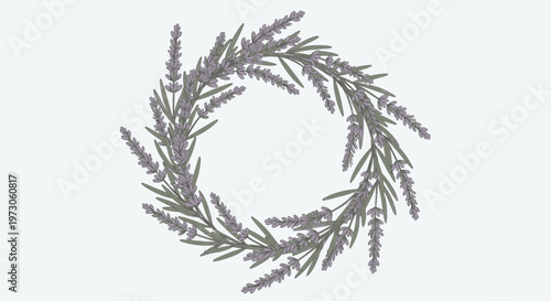 Lavender branches form a circular wreath, accented with green leaves