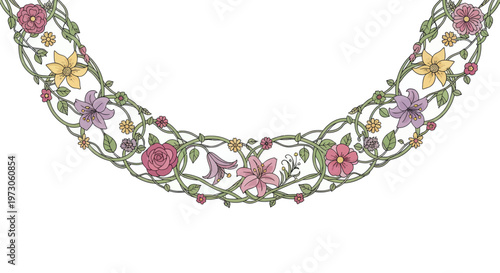 A curved floral border with various flowers and greenery