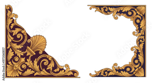 Ornate gold filigree corner adornments with seashell accents on dark purple