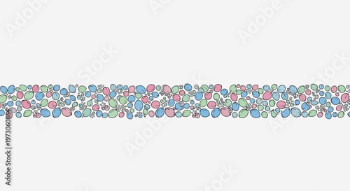 A horizontal band of overlapping, irregularly shaped, colored ovals and small circles