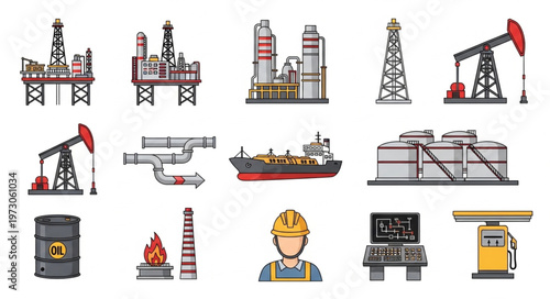 Oil and Gas Industry Icons - Offshore Platforms, Refinery, Tanker, and Worker.