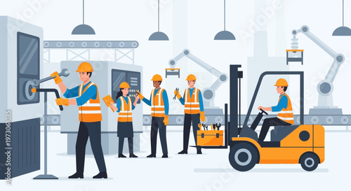 Industrial Factory Workers Operating Machinery and Forklift with Robotic Arms