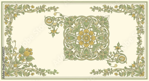 Delicate floral border with intricate central medallion and corner accents