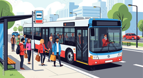 Diverse commuters boarding a city bus at a modern bus stop shelter on a sunny day
