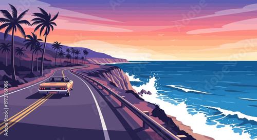 Pixel Art Retro Car Driving Coastal Highway at Sunset