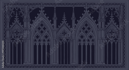 Ornate Gothic tracery design with pointed arches, pinnacles, and quatrefoils