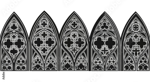Five detailed gothic arch tracery designs with quatrefoil and trefoil motifs