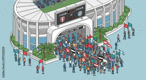 Fans with flags crowd stadium entrance for sports event, isometric view