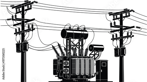 Electrical Transformer With Power Poles and Wires electricity substation