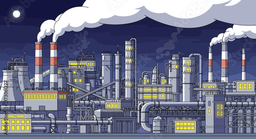 Pixel Art Industrial Factory at Night with Smoke Stacks and Glowing Windows