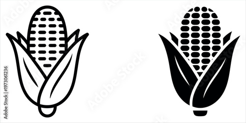 Minimalist vector illustration of two corn cobs in flat design style, ideal for food industry, agriculture, healthy eating, and educational materials.