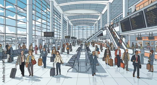 Busy airport terminal concourse with travelers, check-in counters, and departure boards