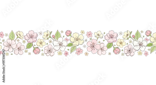 Delicate pastel floral border with buds, leaves, and small scattered blossoms