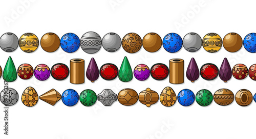 Assortment of colorful, patterned, and shaped beads displayed in horizontal rows