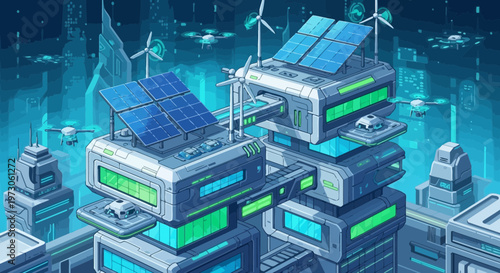 Pixel Art Futuristic Cityscape with Renewable Energy and Drones