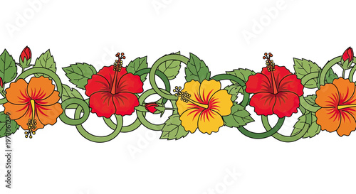 Canvas Print Border with orange, red, and yellow hibiscus flowers entwined with green vines