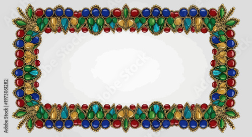 Ornate, jeweled, gold frame with colorful gems, floral motifs, and intricate metalwork
