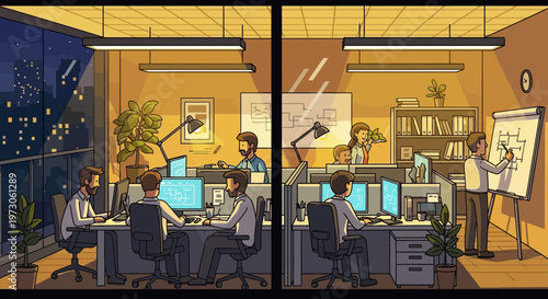 Diverse team working in modern office, day and night shift, collaboration, brainstorming