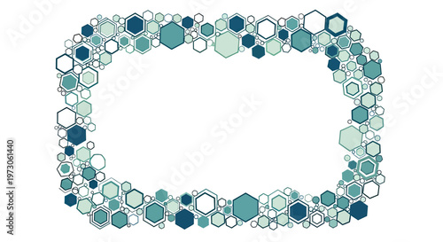 Abstract hexagonal shapes form a decorative oval frame in varying shades of blue and green