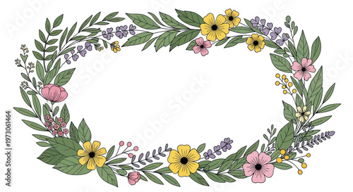 Oval frame of green leaves, pink, yellow, purple flowers, and berries