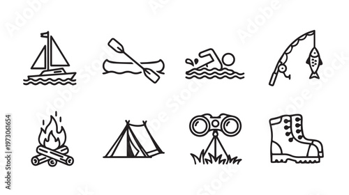 Outdoor Adventure Icons: Sailing Canoeing Swimming Fishing Camping Hiking Binoculars