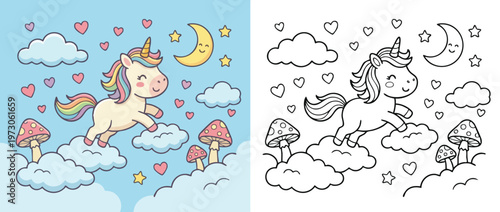 Cute Cartoon Unicorn Flying on Clouds with Mushrooms and Moon.