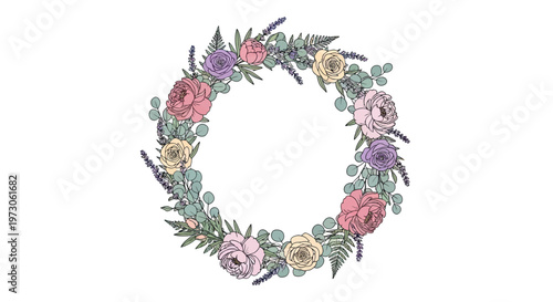 Delicate pastel floral wreath with leaves and lavender sprigs