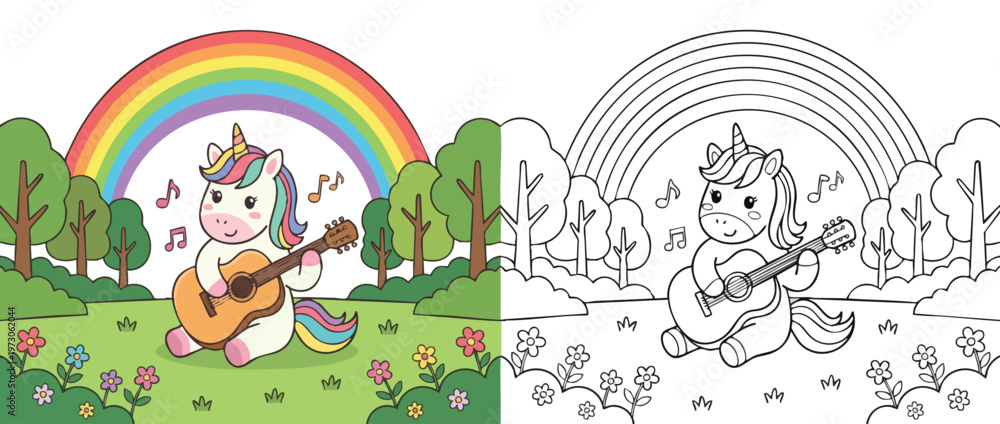 Obraz premium Cute Cartoon Unicorn Playing Guitar with Musical Notes and Rainbow.