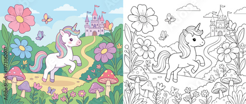 Cute cartoon unicorn in a magical fantasy landscape with flowers and castle.