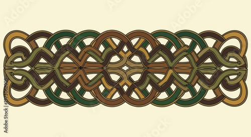 A detailed, intricate, earthy-toned interwoven knotwork design