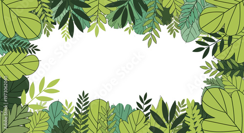 Lush green foliage frame with varied leaf shapes on a white background