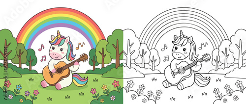 Cute Cartoon Unicorn Playing Guitar with Musical Notes and Rainbow.