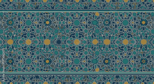 Foto Intricate geometric pattern with teal, gold, and gray starbursts on a blue backg