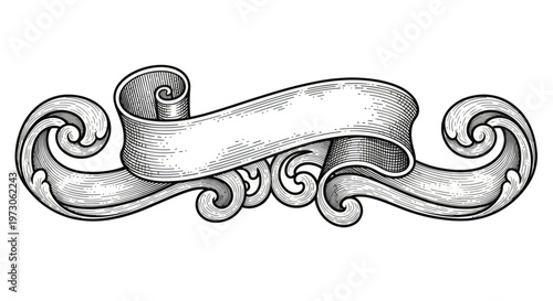 Ornate scroll banner with decorative flourishes and textured shading