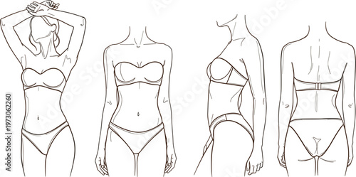 Technical Fashion Flat Sketch of Women Lingerie Bikini Set Featuring Strapless Bandeau Bra and Briefs for Apparel Design Tech Pack Vector Templates